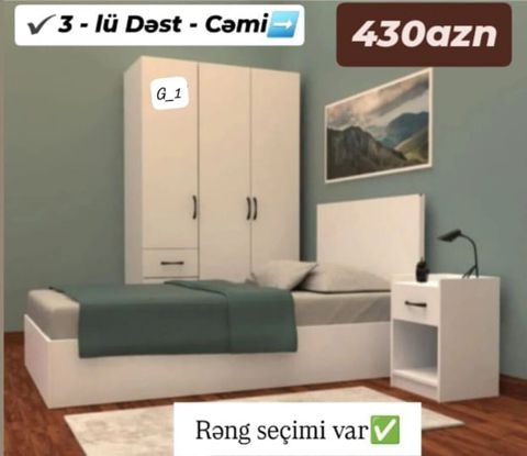 Yataq otağı üçün 3-lü mebel dəsti. Dəstə daxildir: - 3 qapılı şkaf — Sumqayıt
