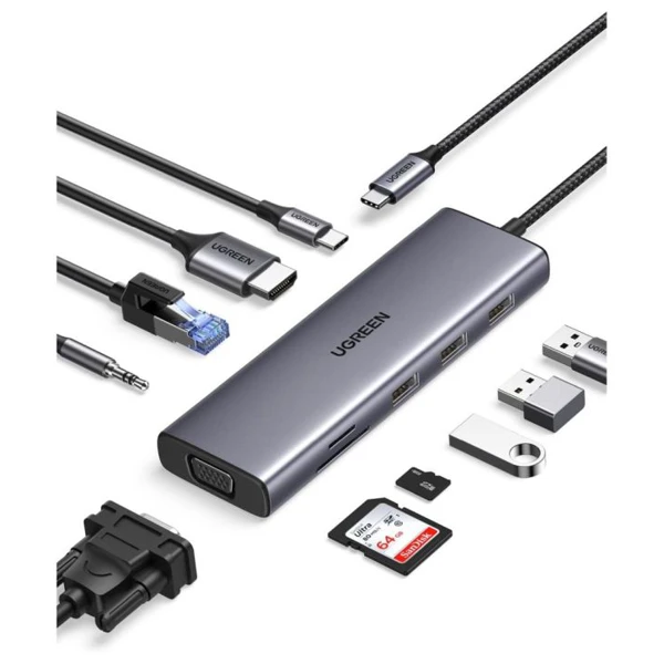 Ugreen Usb-c To 3*USB 3.0 A+HDMI+VGA+RJ45 Gigabit+SD/TF+PD Converter CM498 - 15600 — Mallar, Bakı