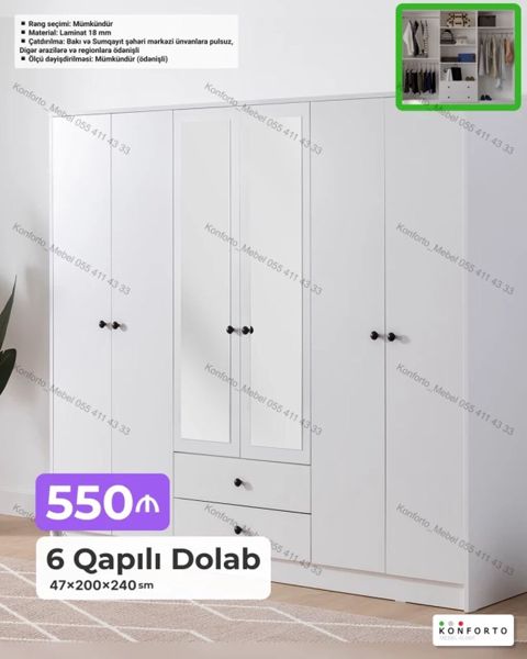 6 qapılı paltar dolabı – 47×200×240 sm - Material: Laminat 18 mm — Bakı
