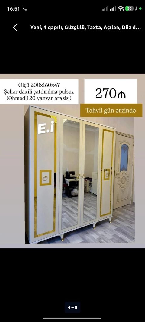 Yeni, 4 qapılı, Güzgülü, Ağ, Taxta, Açılan, Düz dolab — Digah