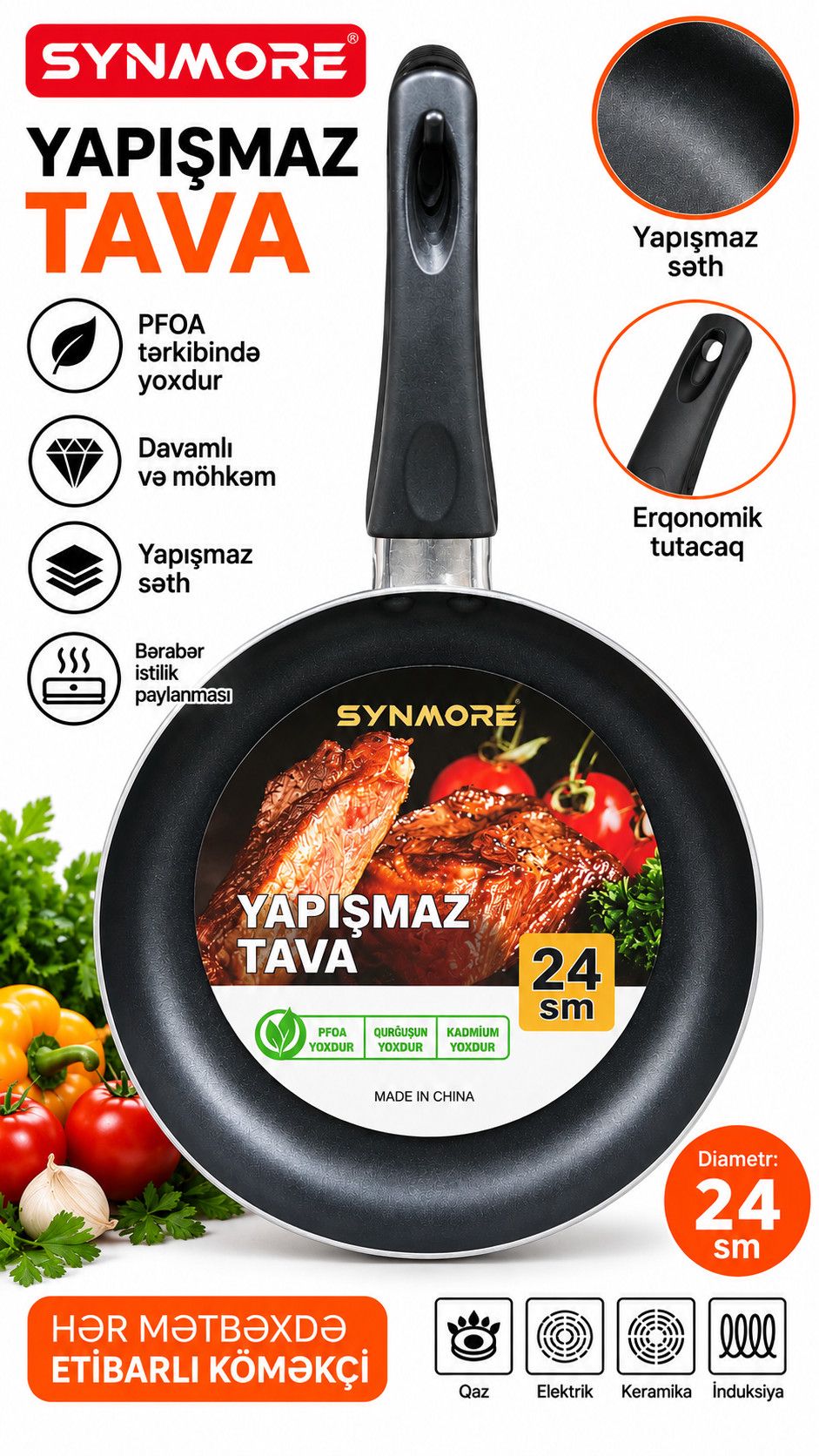 Tava, Paslanmayan polad, 24 sm, Qara — Mallar, Bakı