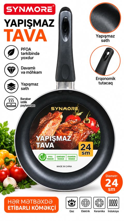 Tava, Paslanmayan polad, 24 sm, Qara — Bakı