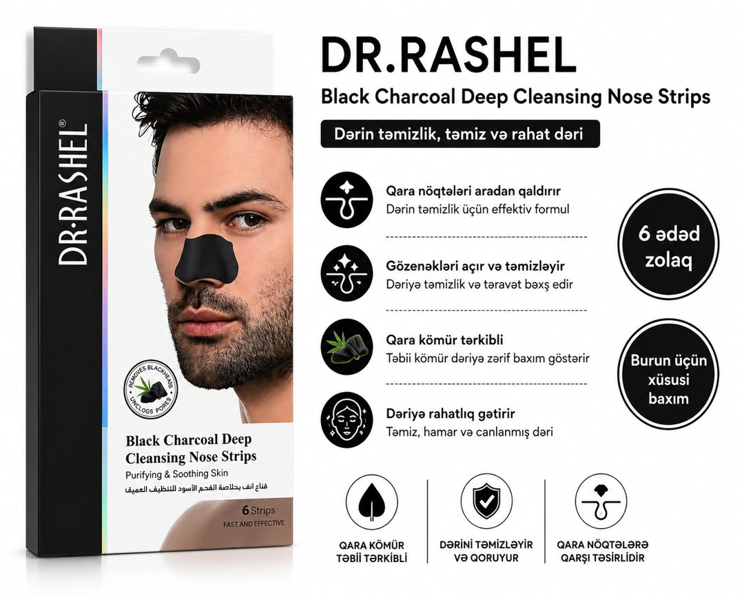 Qara nöqtələrə qarşı maska Dr.Rashel Black Charcoal Deep Cleansing Nose Strips, Təmizləyici, Bütün dəri növləri — Mallar, Bakı