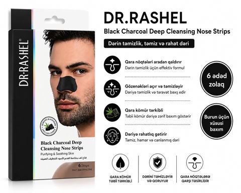 Qara nöqtələrə qarşı maska Dr.Rashel Black Charcoal Deep Cleansing Nose Strips, Təmizləyici, Bütün dəri növləri — Bakı