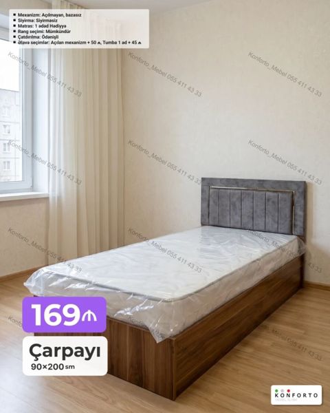 Tək nəfərlik çarpayı – 90×200 sm - Mexanizm: açılmayan, bazasız — Bakı