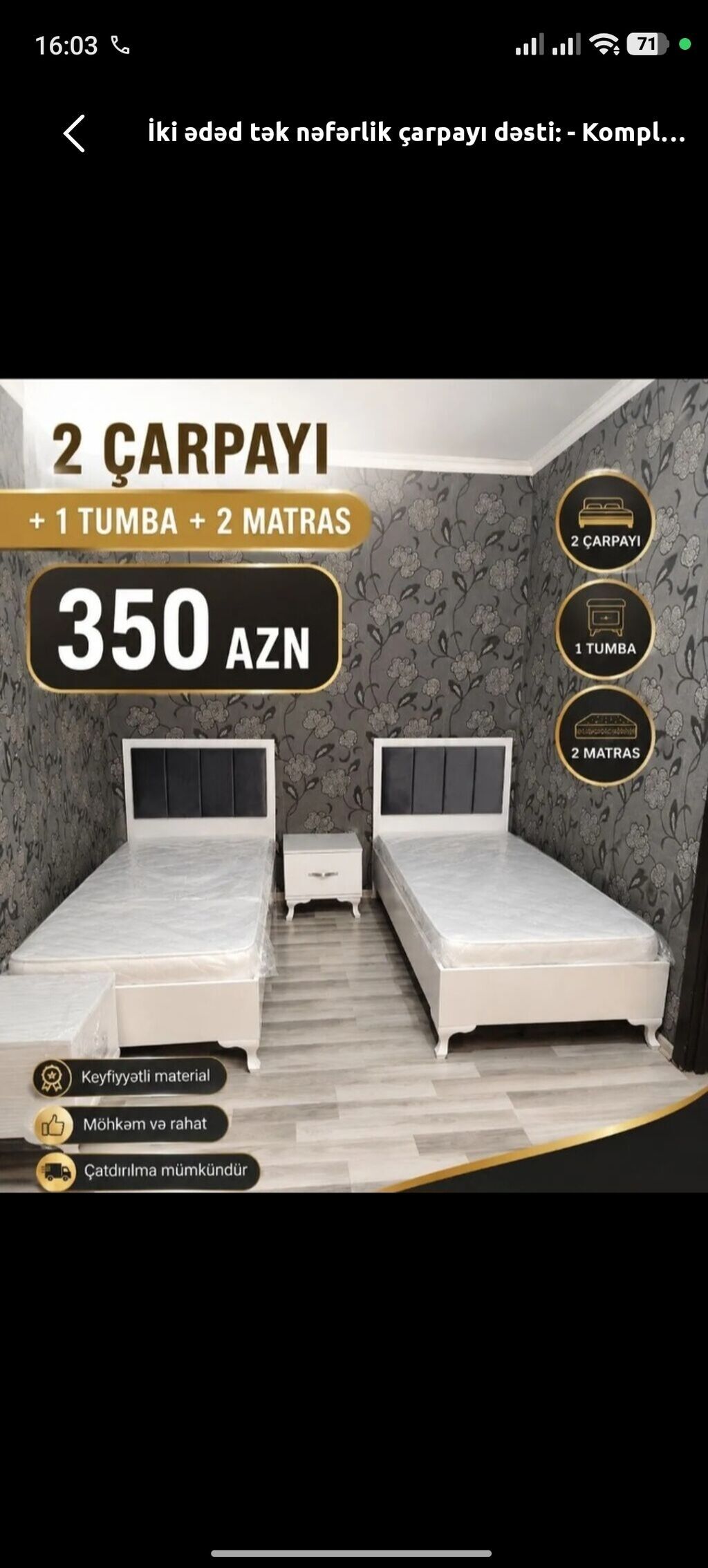 2 təknəfərlik çarpayı, Tumba, Yeni — Yataq otağı mobilya dəstləri, Digah