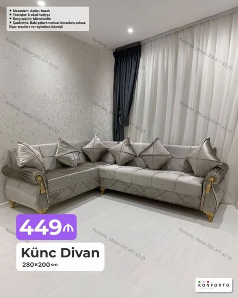 Künc Divan – 280×200 sm - Açılan mexanizmli, bazalı model - 6 ədəd — Bakı