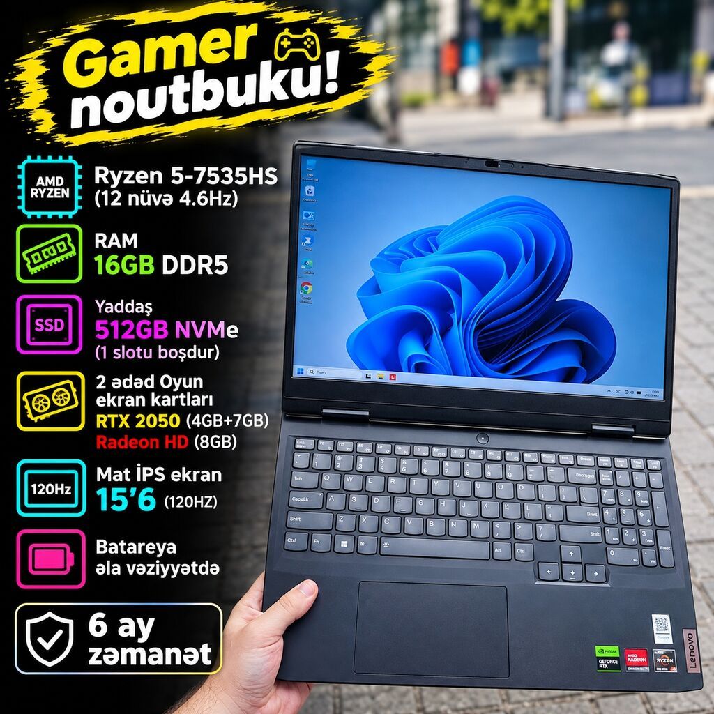 RTX 2050/16GB DDR5/15'6 ekran 120HZ/12 nüvə Şəkillərdə görünən, gözəl — Digər notbuklar, Bakı