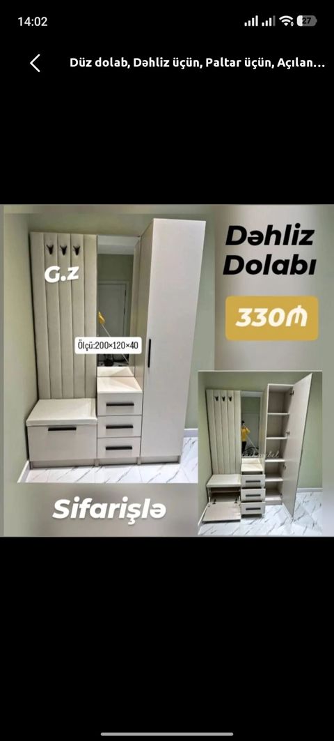 Yeni, 1 qapı, Güzgülü, Açılan, Düz dolab — Digah