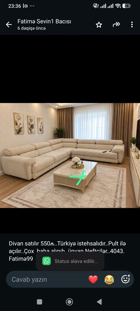 Divan satılır 550₼. Türkiyə istehsalıdır. Pult ilə açılır. Çox baha — Bakı
