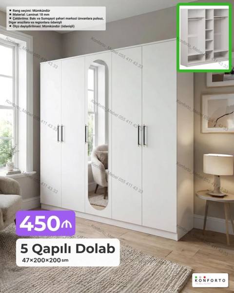 5 qapılı paltar dolabı – 47×200×200 sm - Material: 18 mm laminat — Шкафтар
