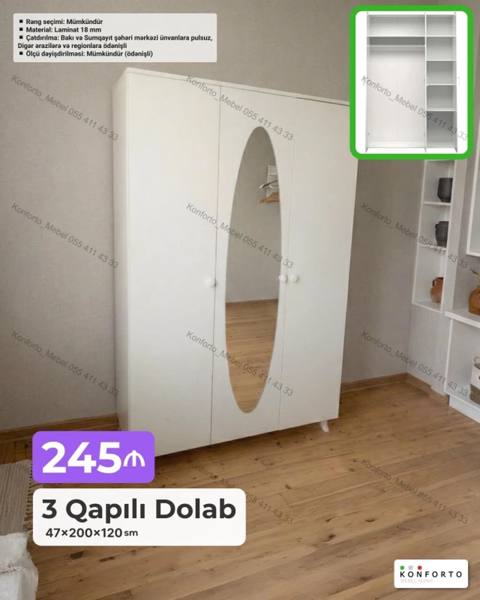 3 qapılı geyim dolabı - Ölçü: 47 200 120 sm - Material: 18 mm — Шкафтар