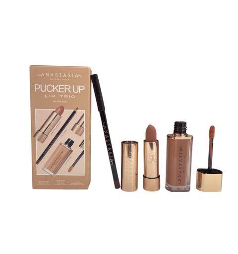 Dodaqlar üçün dekorativ kosmetika dəsti Anastasia Beverly Hills Pucker Up (dodaq qələmi Malt 1.14 q + dodaq boyası Blush Brown Matte 3 q + maye dodaq boyası Crush Lip Velvet 3.5 q) — Bakı