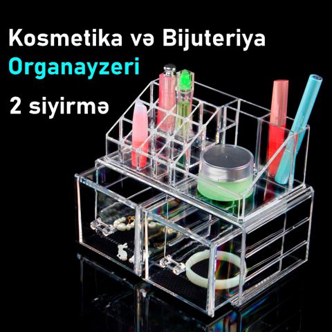 Qutular, səbətlər və saxlama çantaları FenEx Home B55 bəzək və kosmetika qutusu şəffaf 2 siyirməli - FenExOrg55 — Bakı