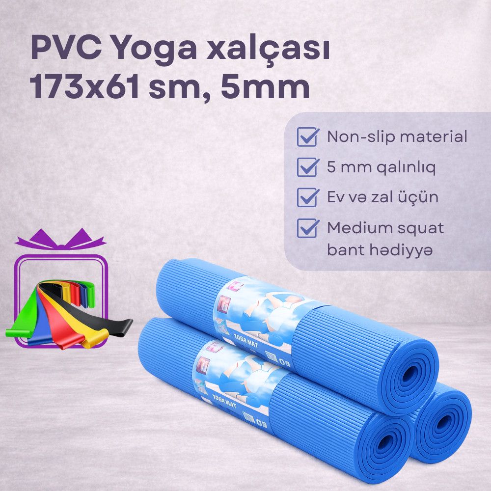 Yoqa üçün xalça, PVX, mavi, 173x61 sm, 5 mm + Hədiyyə Fitness rezin bantı — Mallar, Bakı