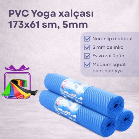 Yoqa üçün xalça, PVX, mavi, 173x61 sm, 5 mm + Hədiyyə Fitness rezin bantı — Bakı