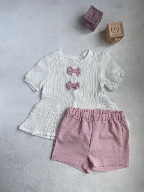 Qızlar üçün şortlu dəst, çəhrayı, pambıq, ölçü 9-12 ay — Bakı