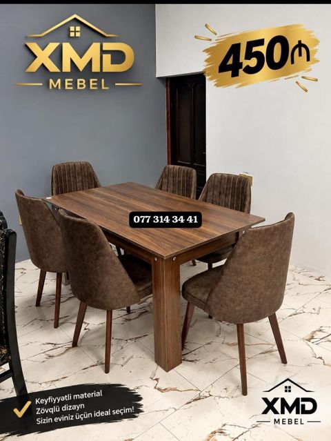 XMD Mebel – Yemək dəsti - 1 masa + 6 stul komplekti - Rəng: qoz ağacı — Bakı