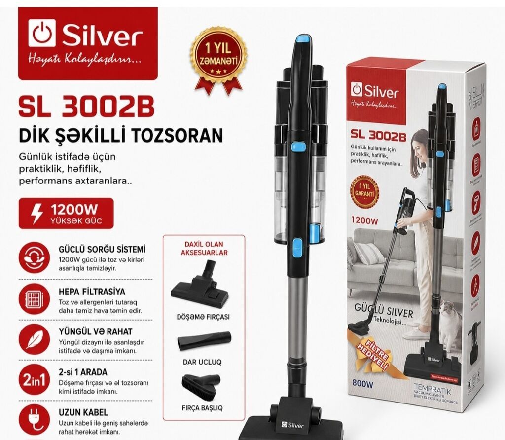 Silver SL 3002B dik şəkilli tozsoran Xüsusiyyətlər: - 1200W yüksək — Tozsoran, Bakı
