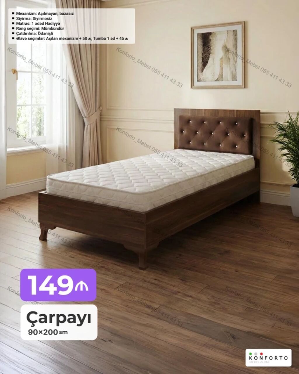 Tək nəfərlik çarpayı – 90×200 sm - Mexanizm: açılmayan, bazasız — Yataqlar, Bakı