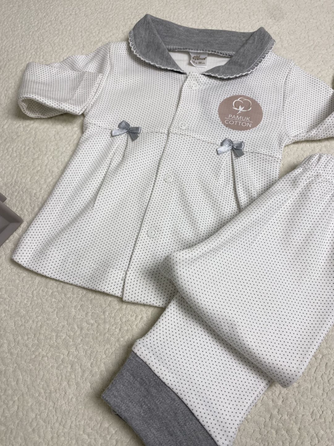 Şalvarlı pijama dəsti qızlar üçün 2626663, ağ/boz, pambıq, ölçü 0-3 ay — Mallar, Bakı (2)
