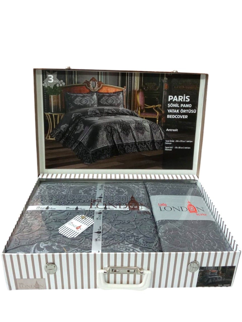 Örtük və yastıq üzü dəsti London Paris HBT_00269, örtük 260x270 sm, yastıq üzü 60x80 sm 2 ədəd, ikinəfərlik, şönil kətan, antrasit - HBT_00269 — Mallar, Bakı (2)
