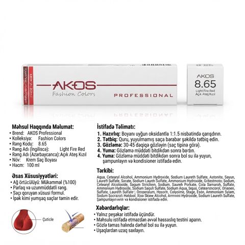Krem-boya saçlar üçün Akos Professional, 8.65 Light Fire Red, Açıq qırmızı, 100 ml — Bakı