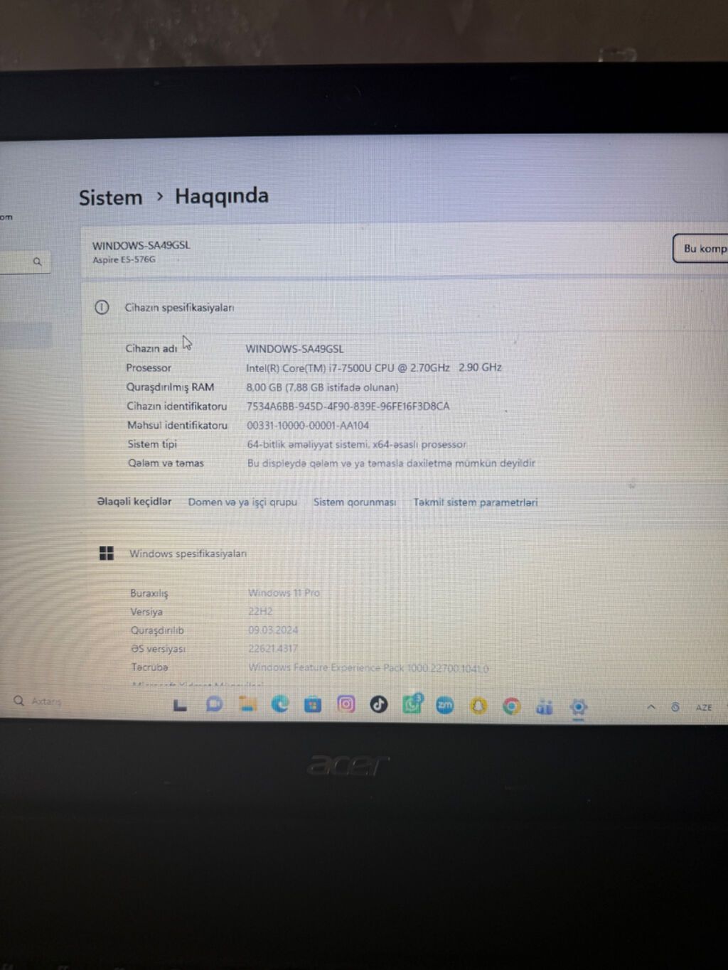 Acer Aspire ES-576G noutbuku Texniki göstəricilər: - Model: Acer — Acer, Bakı (4)
