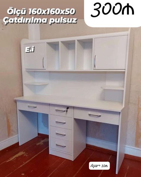 Ağ rəngli yazı masası və üst kitab rəfi komplekti. Ölçüsü: 160x160x50 — Digah