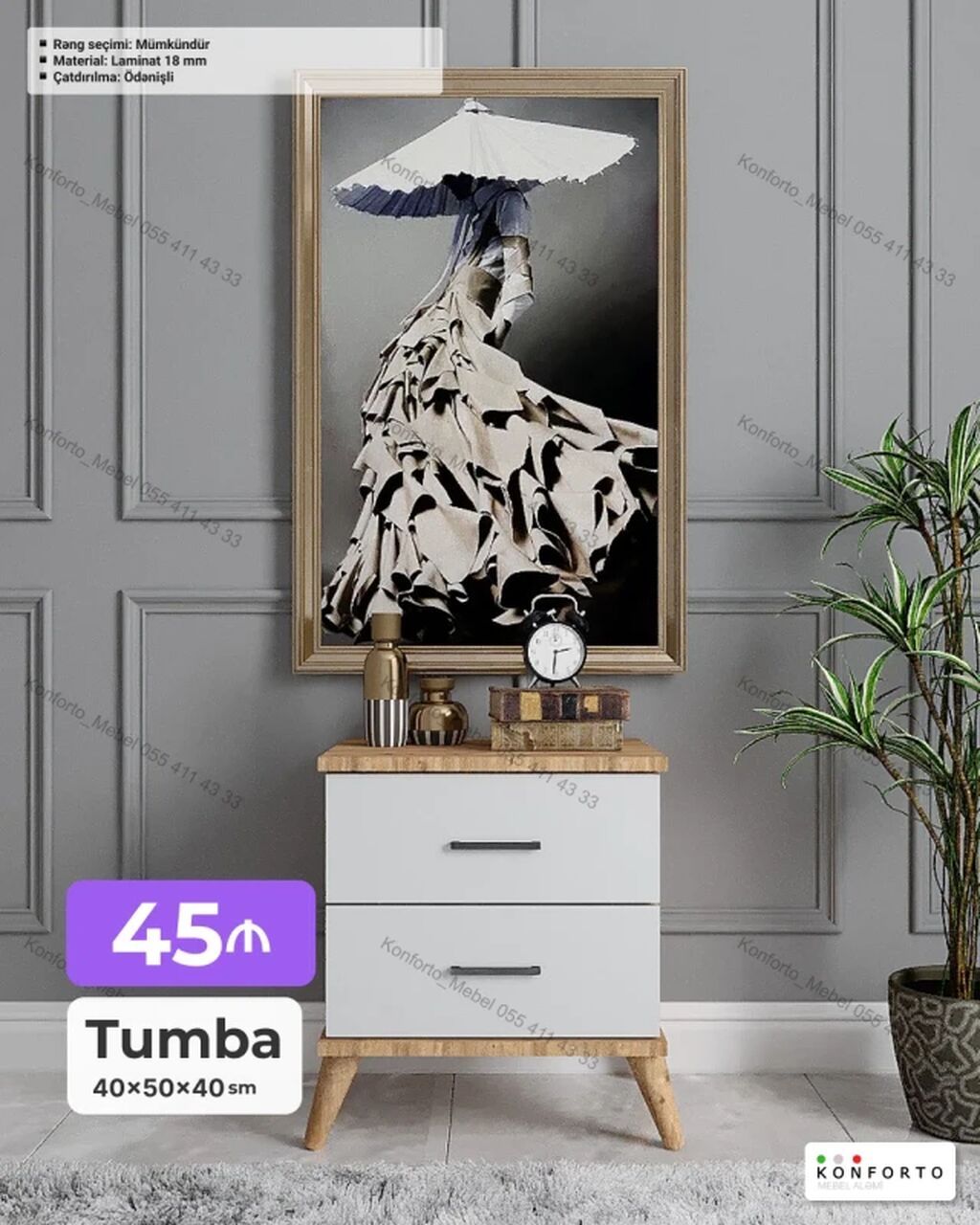 Tumba – 40×50×40 sm - İki çekmecəli, minimal dizayn - Korpus və üst — Komodlar və tumbalı, Bakı