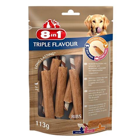 İtlər üçün məzə 8in1 Flavours Triple Flavour Ribs, donuz, mal əti dərisi və toyuq döşü, 113 q — Bakı