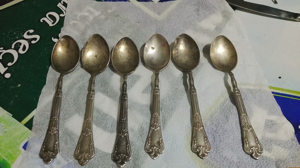 Antik çay qaşıqları dəsti – 6 ədəd - Material: melxior (nişan: МНЦ — Qaşıq, çəngəl, bıçaq, Bakı (3)