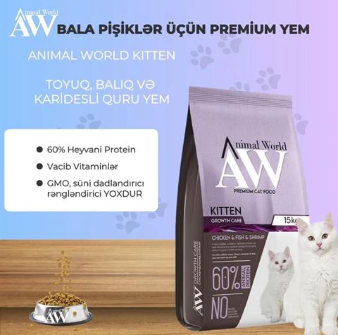 Pişik bala ücün quru premium yem Animal World toyuq və baliq — Bakı