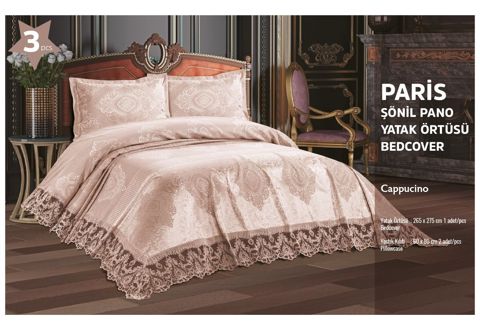 Örtük və yastıq üzü dəsti London Paris Cappucino HBT_00268, örtük 260x270 sm, yastıq üzü 60x80 sm 2 ədəd, ikinəfərlik, şönil kətan, bej — Bakı
