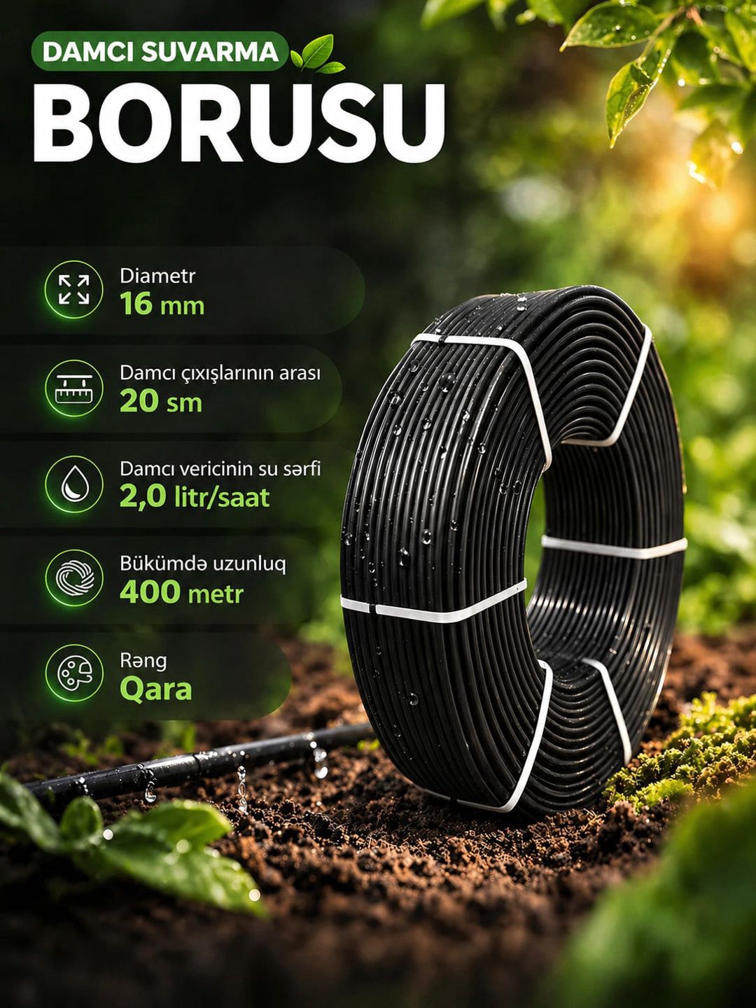 Damcı suvarma borusu STF 16 mm 20 sm 2,0 litr/saat 400 m Qara — Mallar, Bakı (2)