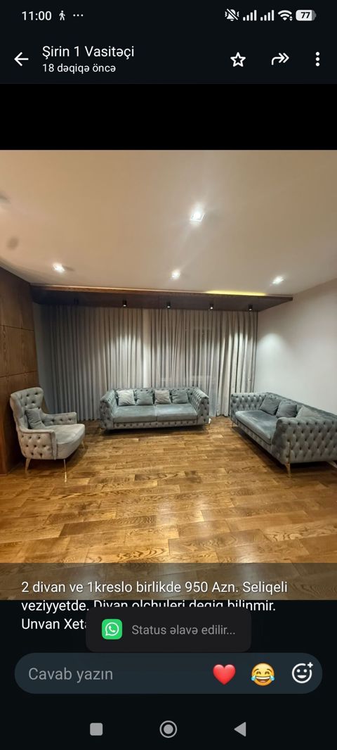 2 divan ve 1kreslo birlikde 950 Azn. Seliqeli veziyyetde. Divan — Bakı
