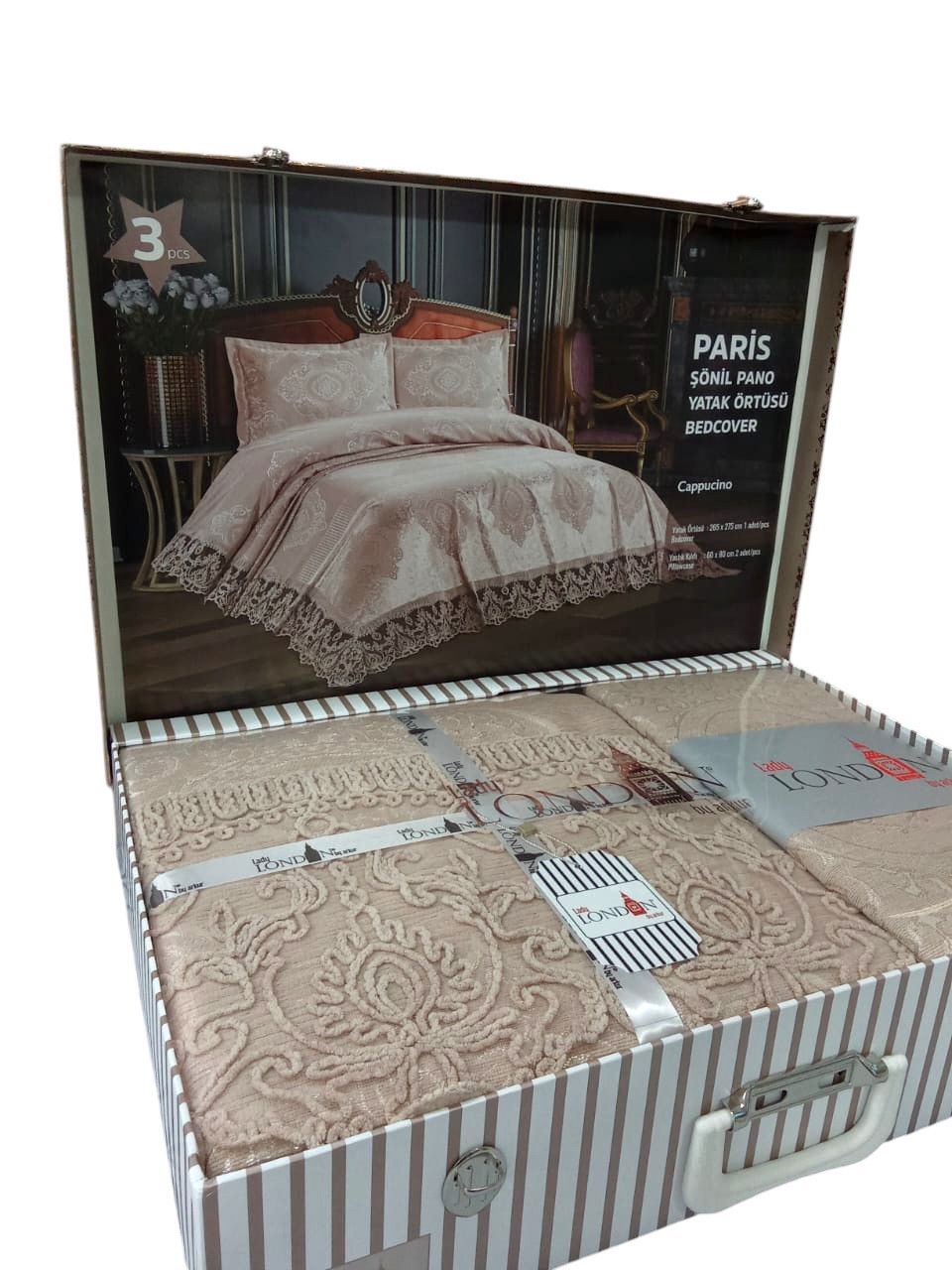 Örtük və yastıq üzü dəsti London Paris Cappucino HBT_00268, örtük 260x270 sm, yastıq üzü 60x80 sm 2 ədəd, ikinəfərlik, şönil kətan, bej — Mallar, Bakı (3)