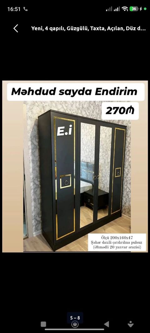 Yeni, 4 qapılı, Güzgülü, Qara, Taxta, Açılan, Düz dolab — Digah