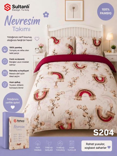Yataq dəsti Sultanlı S204, İkinəfərlik, Pambıq/Satin, yorğan üzü 200x220 sm, mələfə 240x260 sm, yastıq üzü 2 əd 50x70 sm — Bakı