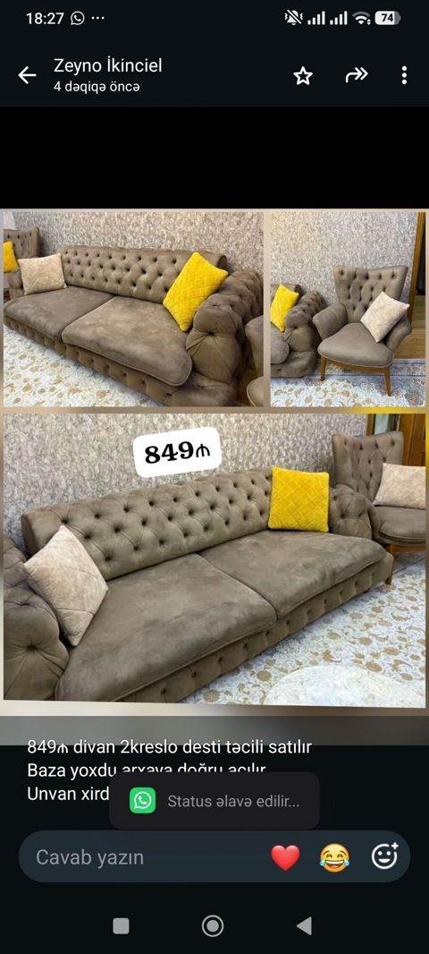 849₼ divan 2kreslo desti satılır Baza yoxdu arxaya doğru — Bakı