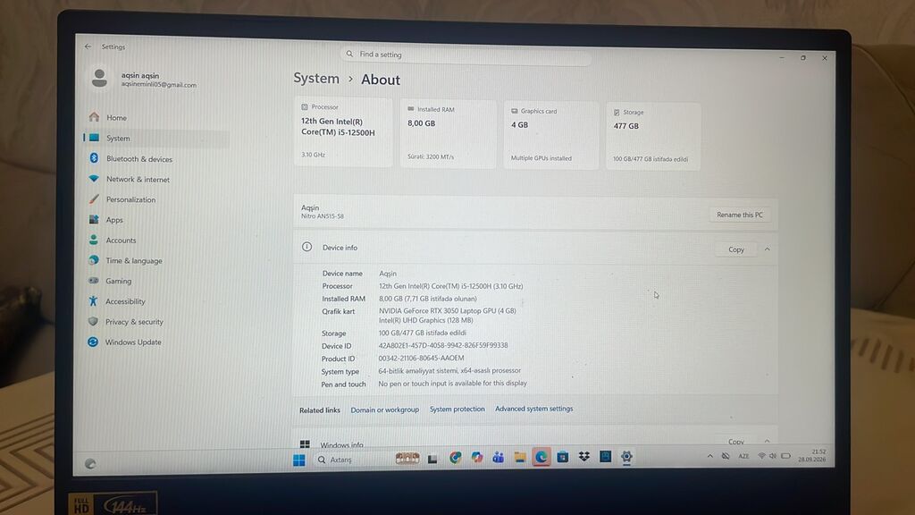 Acer Nitro 5 AN515-58 — i5 / RTX 3050 / 144Hz Acer Nitro 5 AN515-58 — Acer, Bakı (4)