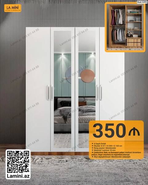 4 qapılı şkaf – model 5395 - Ön hissə: 2 güzgülü qapı, rahat — Şkaflar