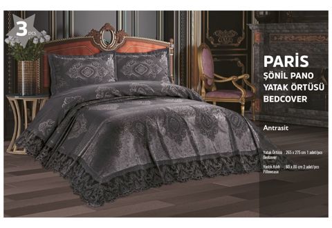 Örtük və yastıq üzü dəsti London Paris HBT_00269, örtük 260x270 sm, yastıq üzü 60x80 sm 2 ədəd, ikinəfərlik, şönil kətan, antrasit - HBT_00269 — Bakı