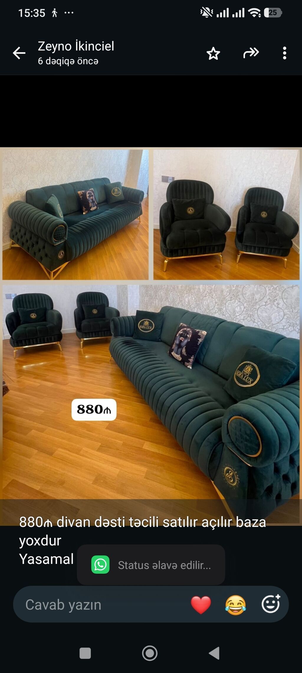 880₼ divan dəsti satılır açılır baza yoxdur Yasamal r-nu,Qələbə — Yumşaq mobilya dəstləri, Bakı