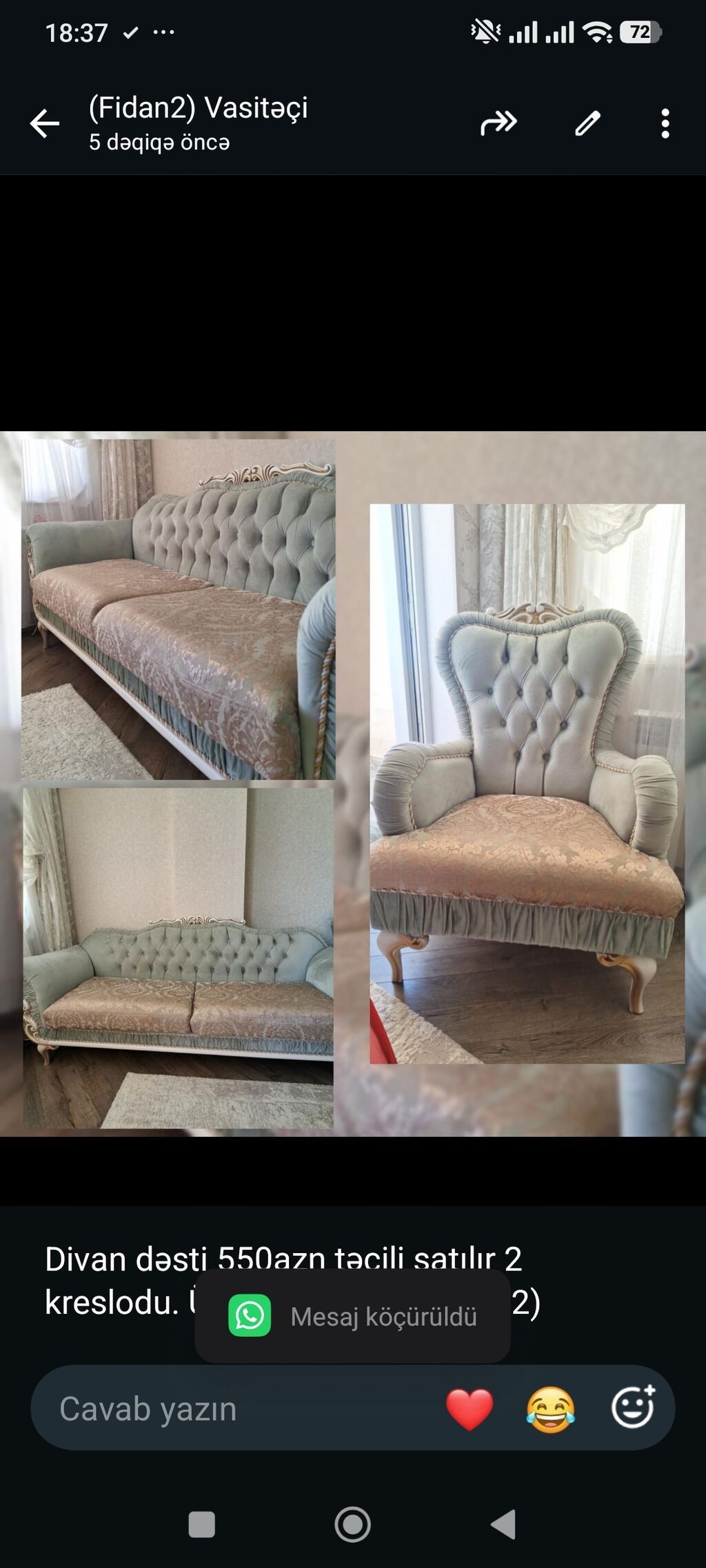 Divan dəsti 550azn satılır 2 kreslodu. Ünvan Masazır (fidan 2) — Yumşaq mobilya dəstləri, Bakı