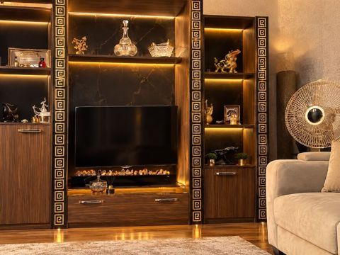 TV stendi və dekorativ vitrinli modul sistem - Dizayn: Tünd ağac — Digah