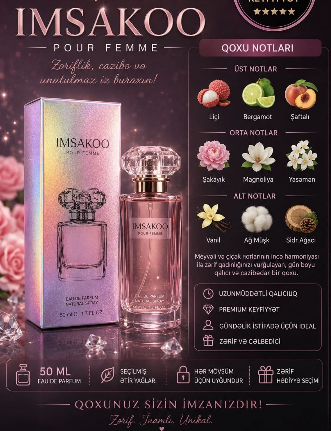 No Brand Imsakoo Pour Femme qadınlar üçün ətir suyu 50 ml EG007 — Mallar, Bakı