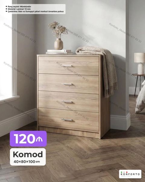 Komod – 4 çekmecəli, minimalist dizayn - Ölçülər: 40 80 100 sm — Bakı