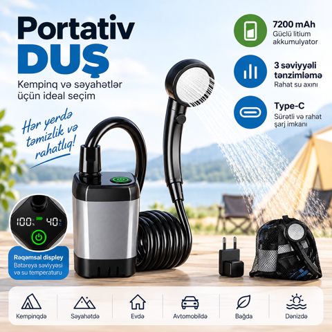 Portativ Duş Dəsti EB_1443, 7200 mAh, Rəqəmsal Ekranlı və Temperatur Göstəricili — Bakı