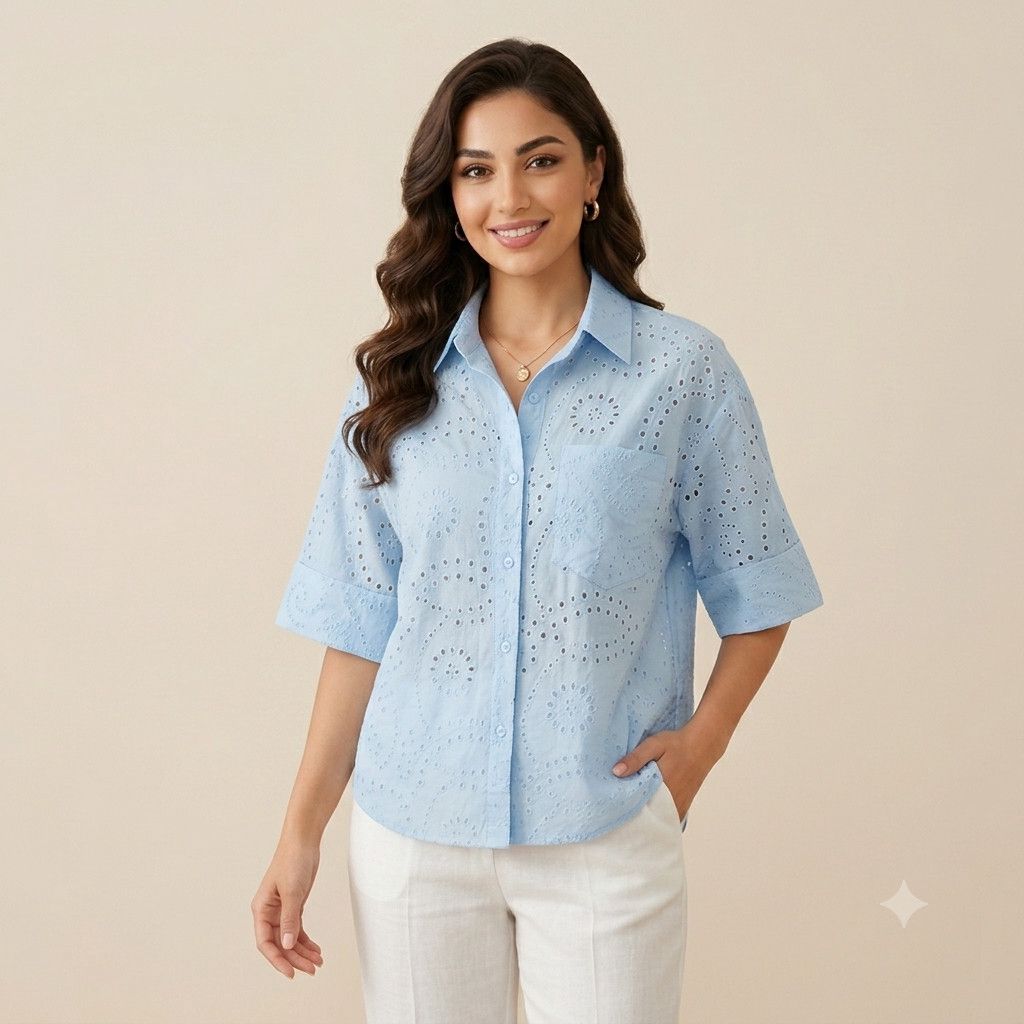 Qadınlar üçün qısaqol köynək 2441192, mavi, kətan, ölçü One size — Mallar, Bakı